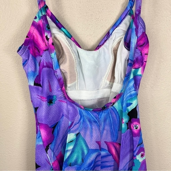 SMALL VINTAGE 80s JANTZEN BLUE FLORAL ONE PIECE SWIMSUIT COLORFUL CLASSIC - Picture 5 of 8